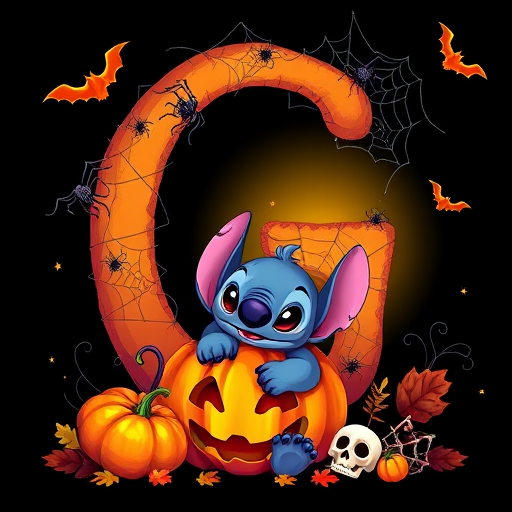 A whimsical and vibrant Halloween-themed digital illustration featuring the letter "G" adorned with spider webs, small bats, and cute spiders. At the base of the letter, a playful alien character similar to Stitch is peeking out from inside a carved pumpkin with glowing eyes, surrounded by additional pumpkins, a small skull, and autumn leaves. The letter is gradient-colored from orange to purple, adding a magical atmosphere to the scene, black background