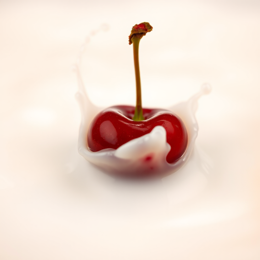 a close-up shot of a red cherry splashing into a pool of creamy milk, high-speed photography, 1/2000s shutter speed, f/2.8 aperture, ISO 100, DSLR camera, soft focus background, vibrant colors