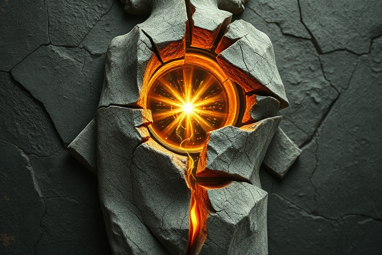 Realistic broken stone statue tattoo revealing inner light or nature, symbolizing rebirth and inner beauty, with intricate cracks and weathering effects