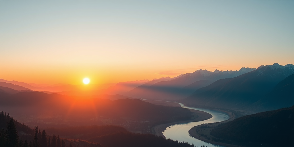 Create a high-resolution vector illustration of a minimalist landscape featuring mountains, a winding river, and a sunset background, using a Canon EOS R5 with a 24-70mm f/2.8 lens, aperture set to f/8, ISO 100, and a focal length of 50mm, in a panoramic view with a soft focus effect to enhance depth.