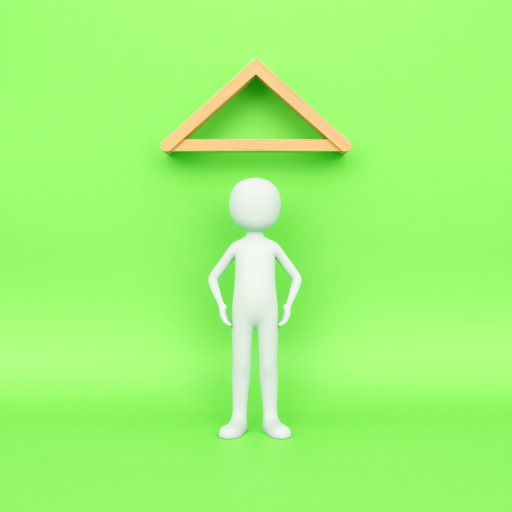 Generate a high-resolution illustration of a simple white stick figure standing under a roof icon on a solid green background, using a 50mm lens with an aperture of f/2.8, at 1/200 second shutter speed, in a studio setting with soft lighting for a clean, modern look.
