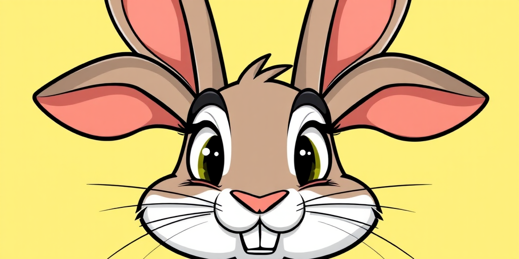 Generate a cartoon-style rabbit face with exaggerated features on a soft yellow background, using a digital camera with a 50mm lens, f/1.8 aperture, ISO 100, and a shallow depth of field for a crisp focus on the rabbit.