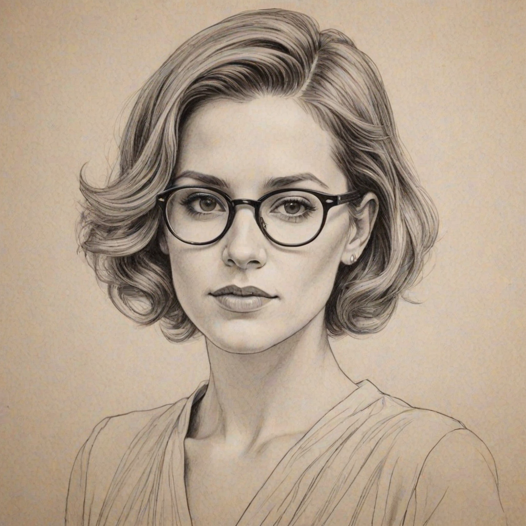 Pleasing Cameron Esposito, pencil sketch, portrait of Graceful woman 1932s in glasses, hair style beatnik, outline, clear lines, fine lines, 8k
