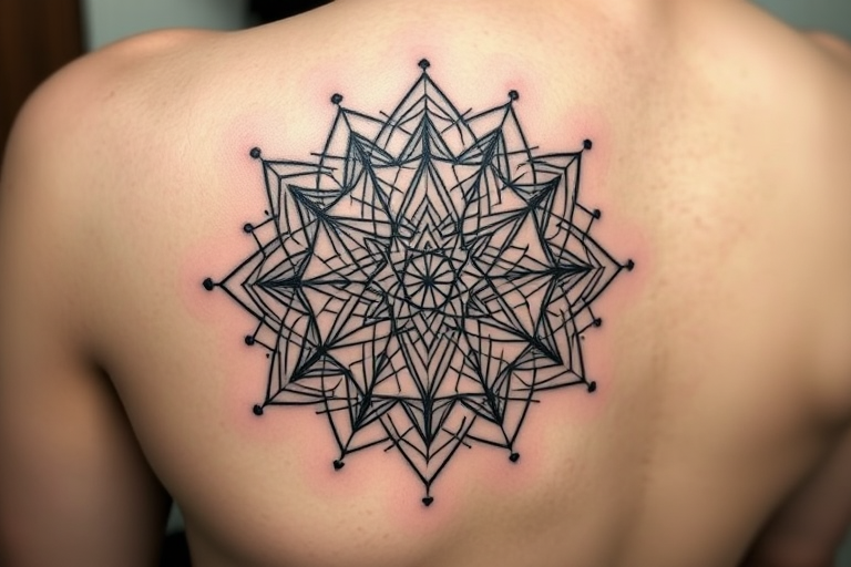 Intricate blackwork geometric tattoo called "Sacred Symmetry" showcasing a complex arrangement of precise lines, dots, and shapes forming a mandala-like design with hidden sacred geometry symbols embedded within, utilizing negative space to create depth and dimension, ideal for individuals drawn to minimalist yet powerful tattoo styles that convey balance and harmony