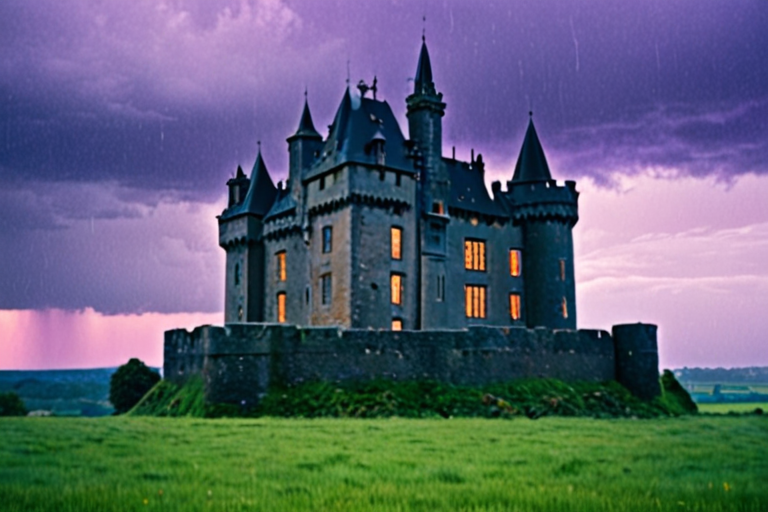 grey castle in the rain under a violet sky