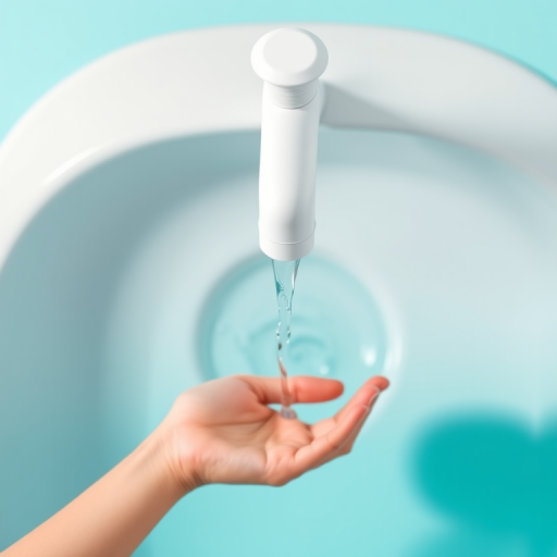Create a minimalistic flat design image of a white faucet pouring water into an open hand on a bright turquoise background, shot with a Canon EOS R5 at f/5.6, 1/125 sec, ISO 100, using a top-down view in a high-resolution digital style.