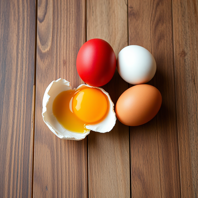 Create an arrangement of four eggs on a wooden surface: one cracked with a bright yellow yolk, one red egg, and two whole eggs in white and brown; use a 50mm lens, aperture f/2.8, ISO 100, and a soft, diffused natural light to enhance clarity and detail.