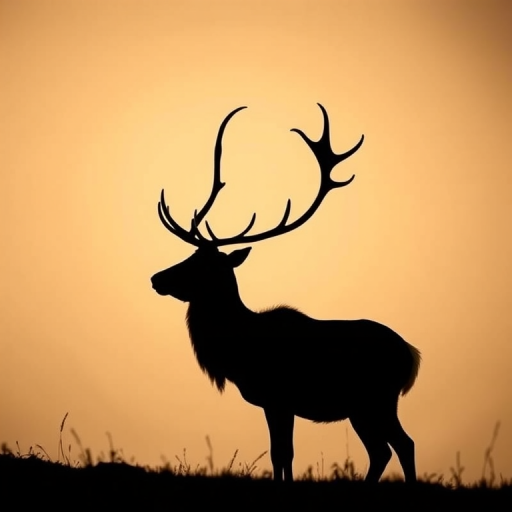 Create a high-resolution silhouette of a reindeer standing side profile, using a DSLR camera with a 50mm lens, aperture set to f/2.8, ISO 100, with natural backlighting to enhance the contour and details of the antlers.