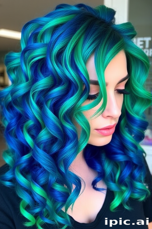 Bold sapphire blue to emerald green color melt styled in tight spiral curls, creating a mesmerizing jewel-toned cascade of vibrant hues