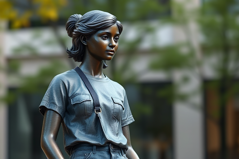 Capture a high-resolution image of a bronze statue of a standing female figure in casual attire, using a DSLR camera with a 50mm lens, aperture set to f/1.8, ISO 100, natural lighting, slight angle view for depth, and a soft focus background to enhance the subject.