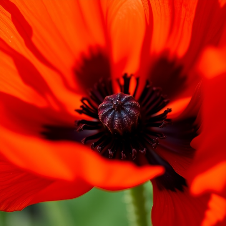 create a vibrant red poppy flower image with detailed petals and a dark center using a macro lens, aperture f/2.8, shutter speed 1/200s, ISO 100, shot in natural light with a focus on depth of field to enhance quality and detail