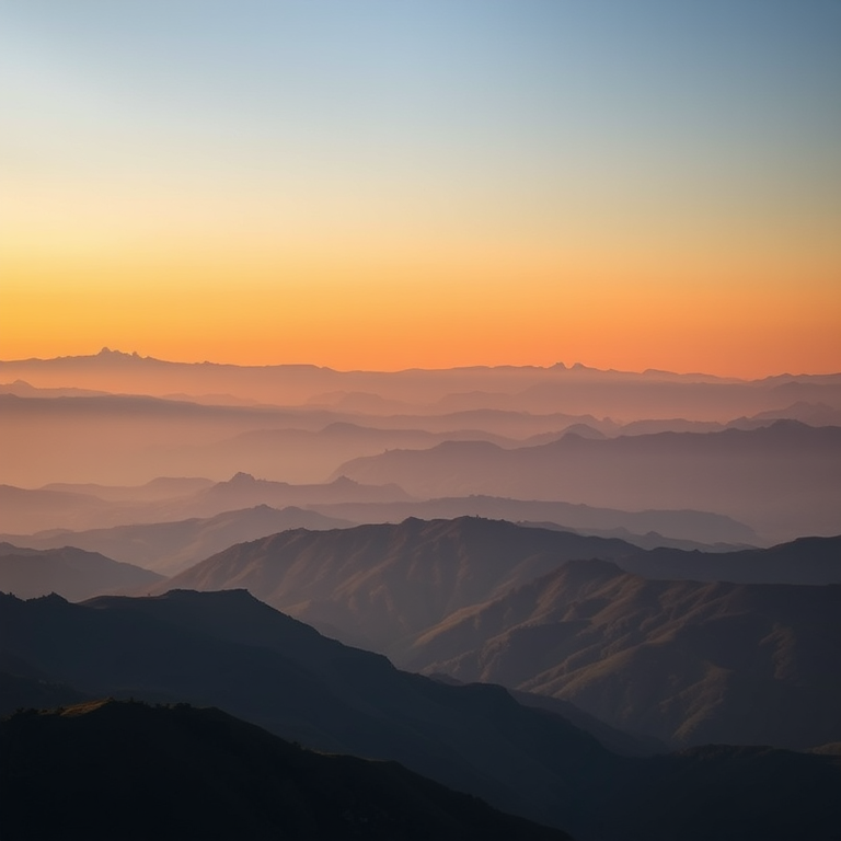 Capture a serene landscape of layered mountains at sunset with soft gradients in the sky, using a Canon EOS R5, 24-70mm lens at f/8, ISO 100, 1/60s exposure, taken from a high vantage point to enhance depth and detail in the scene.
