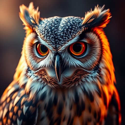 Regenerate a highly detailed digital painting of an owl with vibrant colors and dramatic lighting, using a DSLR camera with an aperture of f/1.8, ISO 100, 85mm lens, shot in a soft focus style to enhance the texture and depth of the feathers.