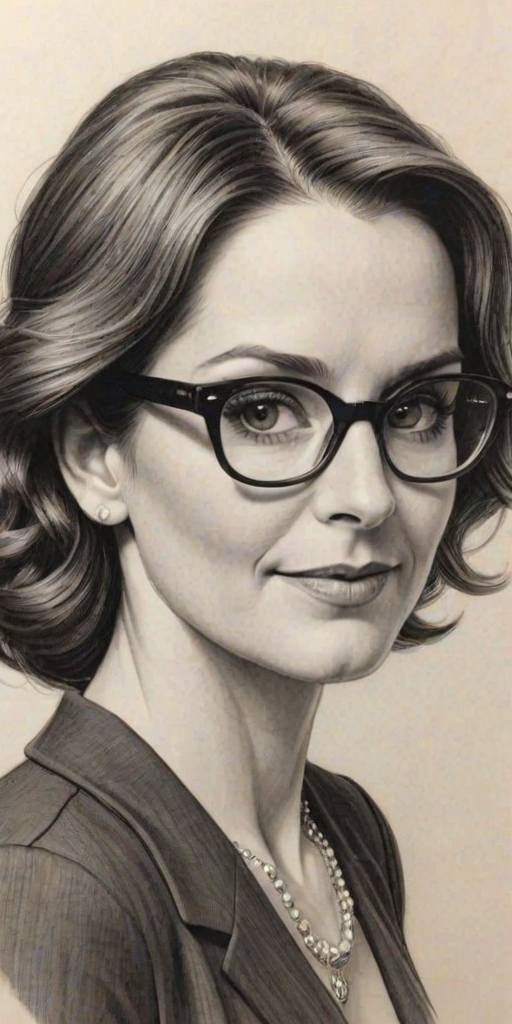Gorgeous Tina Fey, pencil sketch, portrait of Captivating woman 1940s in glasses, hair style beatnik, outline, clear lines, fine lines, 8k