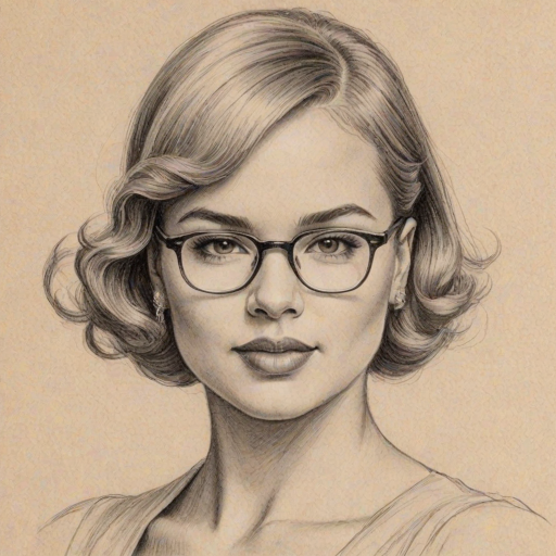 Enticing Ne-Yo, pencil sketch, portrait of Graceful woman 1934s in glasses, hair style beatnik, outline, clear lines, fine lines, 8k