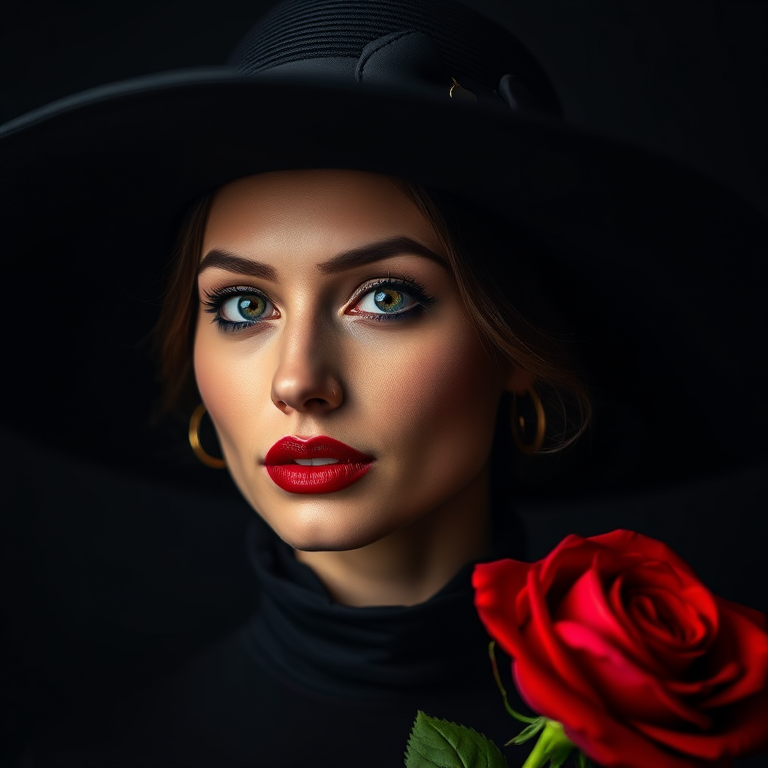 Create a striking portrait of a woman with a large black hat and a red rose, using a Canon EOS 5D Mark IV with a 50mm f/1.8 lens, aperture set to f/2.8, ISO 200, 1/125s shutter speed, shot from a slightly low angle to emphasize the dramatic lighting and vibrant colors, utilizing a moody chiaroscuro style to enhance depth and contrast.