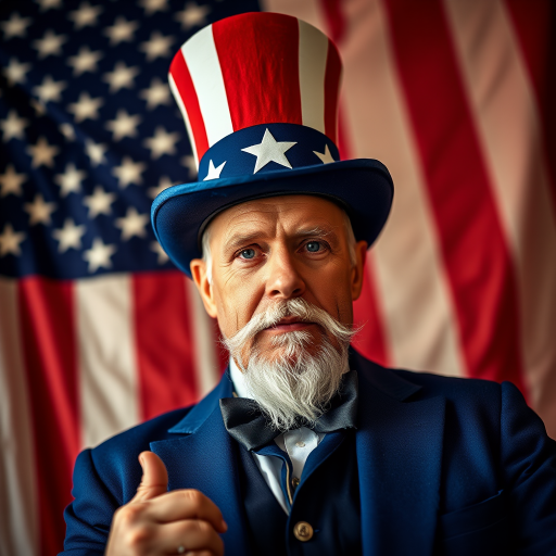 Portrait of a man dressed as Uncle Sam with a blue suit and top hat against an American flag backdrop, taken with a Canon EOS R5, 50mm lens, f/1.8, ISO 100, 1/200s, natural light, low angle view, soft focus for an artistic effect.