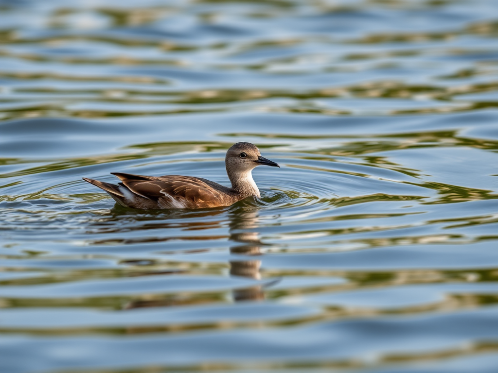 high-resolution photograph of a bird swimming in water, focused on the bird with shallow depth of field, ISO 200, f/4.0, 1/2000 sec, 85mm lens, shot from a low angle with a telephoto camera style to highlight the textures of the water and detail of the bird.