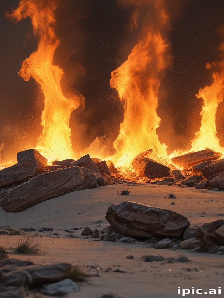 Intense Flames Erupting from Rocks in a Desert Landscape at Sunset
