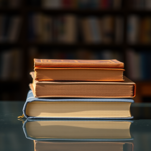 three wooden-covered books stacked on a reflective surface with a blurred background, shot in natural lighting with a DSLR camera using a 50mm lens, aperture set at f/2.8, ISO 100, and shutter speed of 1/200 sec for enhanced sharpness and depth of field.