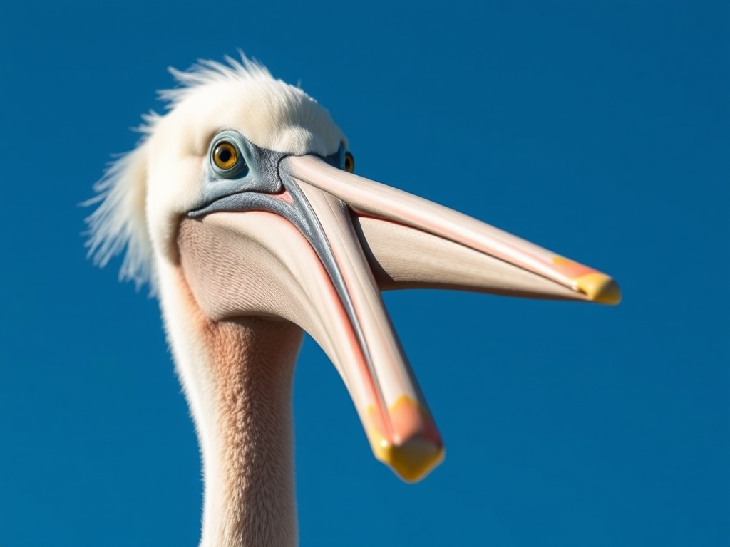 capture a close-up of a pelican's head against a clear blue sky using a DSLR camera, 50mm lens, aperture f/2.8, ISO 100, natural light, sharp focus on the eyes for enhanced detail