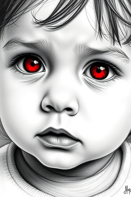 A hyperdetailed photorealistic black and white sketch of a beautiful toddler with deep red eyes, with a macro focus
