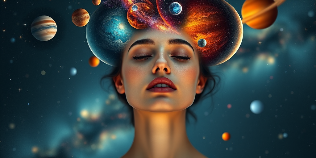 Create an ethereal portrait of a woman with cosmic elements emerging from her head, featuring vibrant planets and galaxies in the background, shot with a Canon EOS R5 at f/1.4, ISO 100, 50mm lens, natural soft lighting, a low-angle view to emphasize the celestial scene, and a shallow depth of field for a dreamy effect.