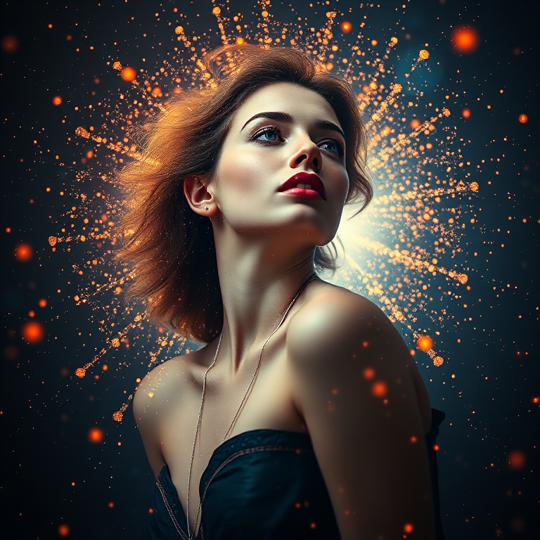 Create a surreal image of a woman surrounded by radiant particles and a cosmic background, using a Canon EOS R5 with an 85mm f/1.2 lens, aperture set to f/2.0, ISO 100, shutter speed 1/200s, shoot in portrait mode with a soft light effect and high dynamic range.