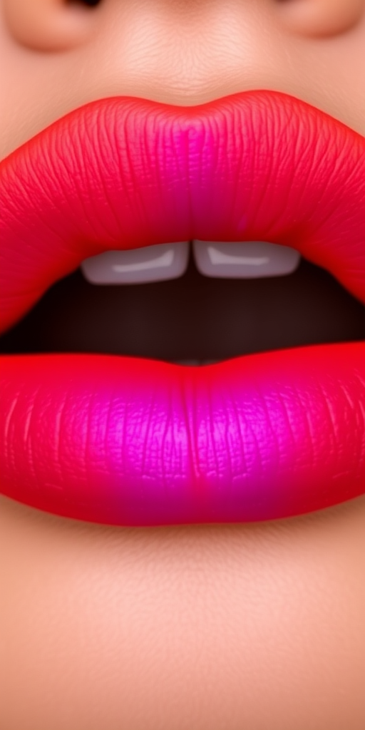 Mesmerizing ombre sunset lips transitioning from deep orange to vibrant purple, showcasing a gradient effect with a matte finish and defined cupid's bow