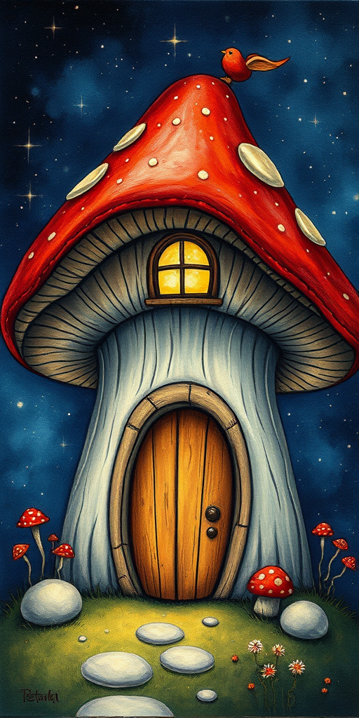 this photo is illustration of a mushroom house with a door and a window, a storybook , fantasy art, mushroom house, bg starry sky, sparkles