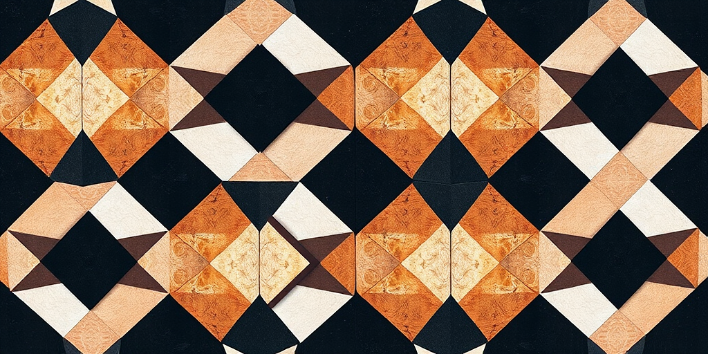generate a geometric pattern of alternating diamond shapes in black, white, and brown tones, using a DSLR camera with a 50mm lens at f/2.8, ISO 100, shot from an overhead view to enhance texture and details.