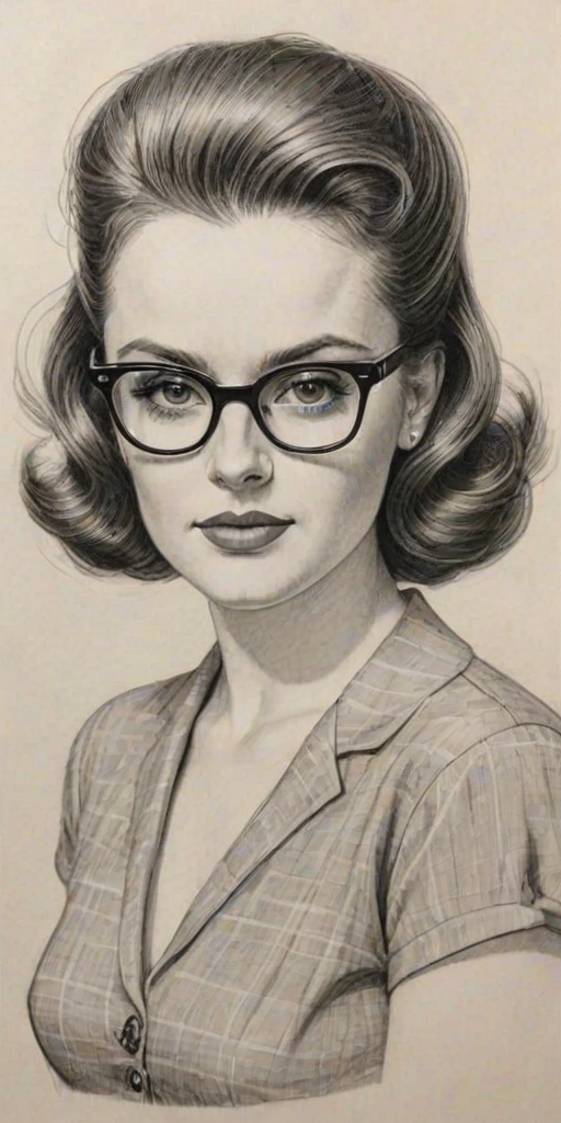 Lovely Sophie McShera, pencil sketch, portrait of Graceful woman 1950s in glasses, hair style beatnik, outline, clear lines, fine lines, 8k
