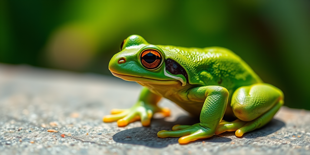 Regenerate the image of a green frog sitting on a surface, using a DSLR camera with a 50mm lens, aperture set to f/2.8 for a shallow depth of field, ISO 200 for optimal light capture, in natural light, focusing on the vibrant green and yellow colors to enhance details and texture.