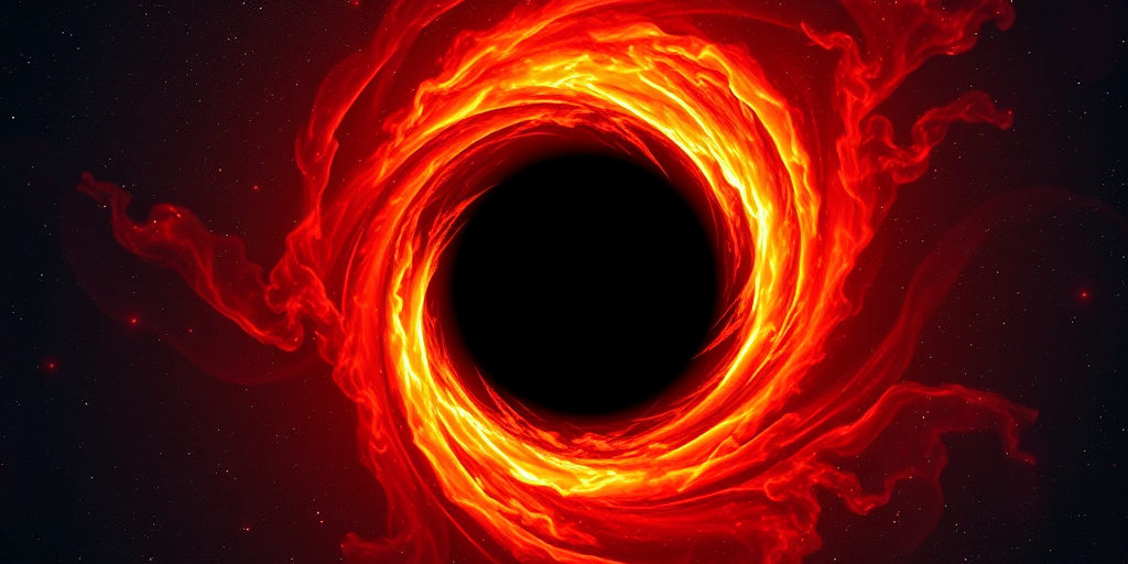 Create an image of a black hole with swirling orange and red cosmic flames surrounding it, using a Canon EOS R5 camera, 24mm lens, f/2.8 aperture, ISO 100, shot in astrophotography style from a slightly elevated angle.