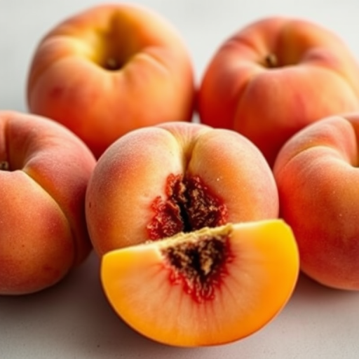 five ripe peaches arranged with one sliced in half showing the pit, shot with a macro lens at f/2.8 for a shallow depth of field, 50mm focal length, natural lighting with soft shadows, high-resolution DSLR camera