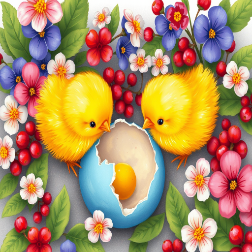 Create a colorful illustration of two yellow chicks beside a broken blue eggshell, surrounded by vibrant flowers such as violets and red berries, with green leaves in a soft, whimsical art style, using a high-resolution digital camera at f/2.8, 50mm lens, natural lighting, and an overhead perspective for enhanced clarity and detail.