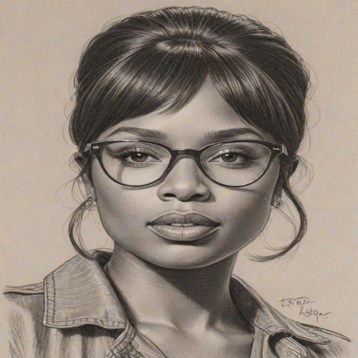 Enticing Jennifer Hudson, pencil sketch, portrait of Lovely woman 1972s in glasses, hair style beatnik, outline, clear lines, fine lines, 8k