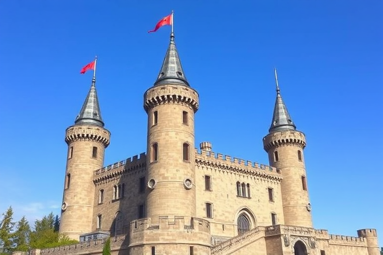 Create a detailed illustration of a medieval castle with four tall towers, set against a clear blue sky, using a DSLR camera with a 50mm lens, aperture f/8, ISO 100, and natural lighting for optimal clarity and depth.