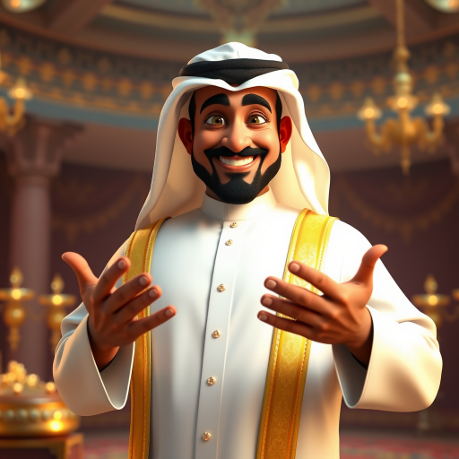 Create a 3D rendering of a wealthy Arab male sheikh from Dubai, inspired by the Disney animation style. The sheikh must have a smile and a playful but wise character. Place your character in an atmosphere of wealth and luxury. The image must be in high resolution format. Dynamic pose above the waist, gesturing with hands (Pixar Art style)++ highly detailed digital painting, art stations, concept art, soft focus, hard focus, illustrations. cinematic, visual effects, HDR, Unreal Engine 5, ray tracing, soft light, 8k, high detail, sparkling backlighting, luxury gem, game art, 3d, cartoon, colorful, magical, mysterious