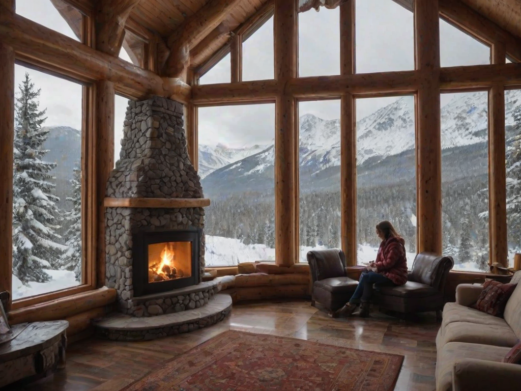 Snowy mountain lodge, the fireplace inside crackling, as a woman stands by the large windows, watching the snowfall quietly outside.
