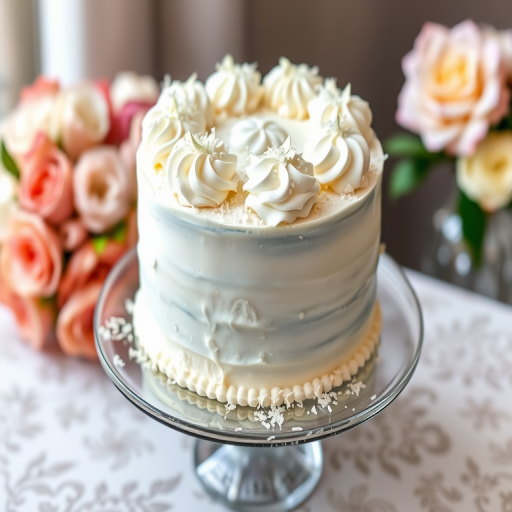 A beautifully decorated white cake topped with swirls of whipped cream and sprinkled with coconut flakes on a cake stand with a soft blurred background of flowers and a patterned tablecloth.