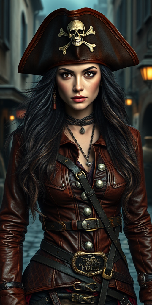 Create a portrait of a fierce female pirate. She wears a leather tricorn hat adorned with a skull and crossbones emblem, and her long, dark hair flows around her face. Her outfit consists of a richly detailed leather jacket, a corset, and multiple layers of belts and accessories, giving her a formidable and stylish appearance. She stands confidently in a dimly lit, historic port town, with a backdrop of weathered buildings and cobblestone streets, capturing the adventurous spirit of a pirate.