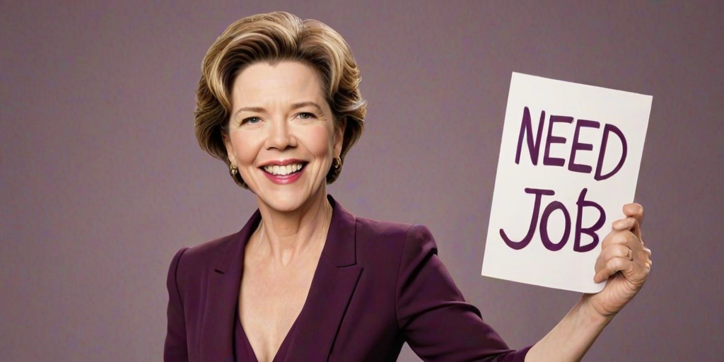 caricature of a smiling Annette Bening in a Plum dress or suit, holding up a sign that says "NEED A JOB", no watermark,