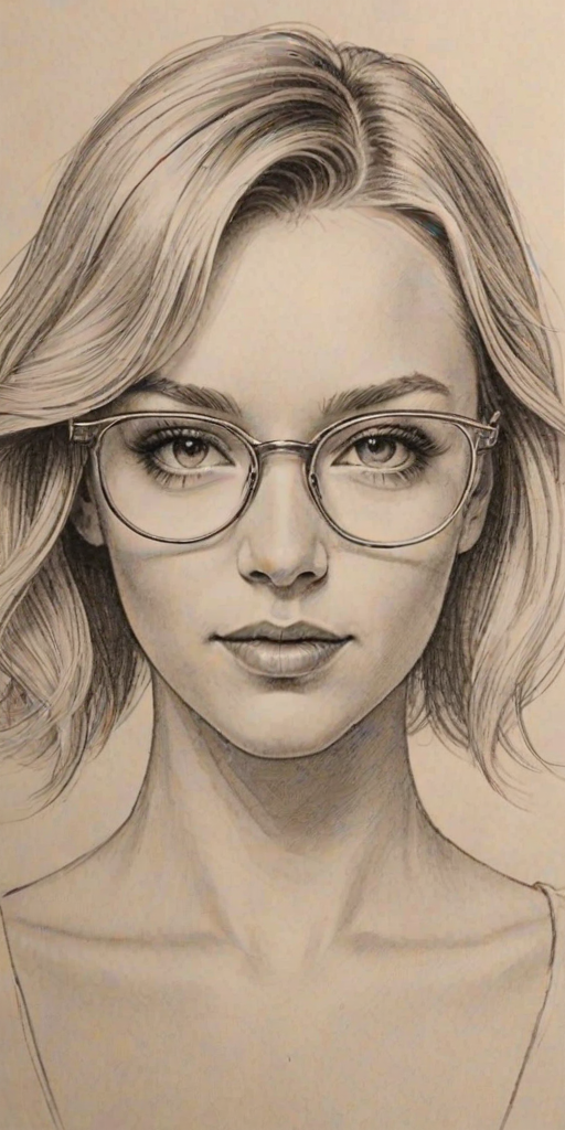 Alluring Camille Kostek, pencil sketch, portrait of Sublime woman 1921s in glasses, hair style beatnik, outline, clear lines, fine lines, 8k