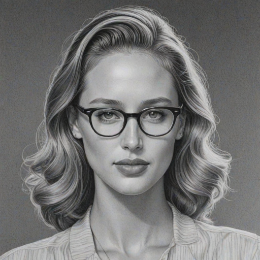 Pleasing Dylan Penn, pencil sketch, portrait of Radiant woman 1940s in glasses, hair style beatnik, outline, clear lines, fine lines, 8k