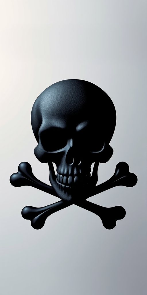Create a high-resolution graphic of a stylized skull and crossbones, featuring a matte black skull with white eyes, set against a soft gradient background; use a DSLR camera with a 50mm lens, aperture f/2.8, ISO 100, and a shallow depth of field to enhance focus on the skull and crossbones while softly blurring the background.