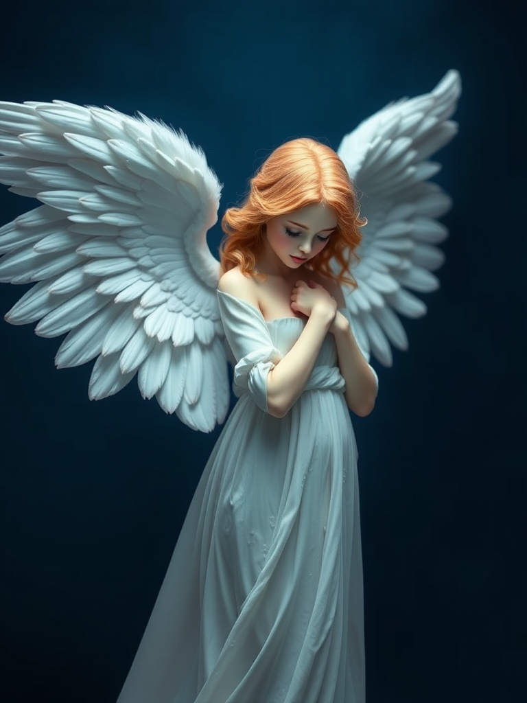 Create an ethereal angel with large wings, weeping, set against a deep blue background, using a DSLR camera, aperture f/4, shutter speed 1/125s, ISO 200, at a close-up angle with a soft focus style for a dreamy effect.