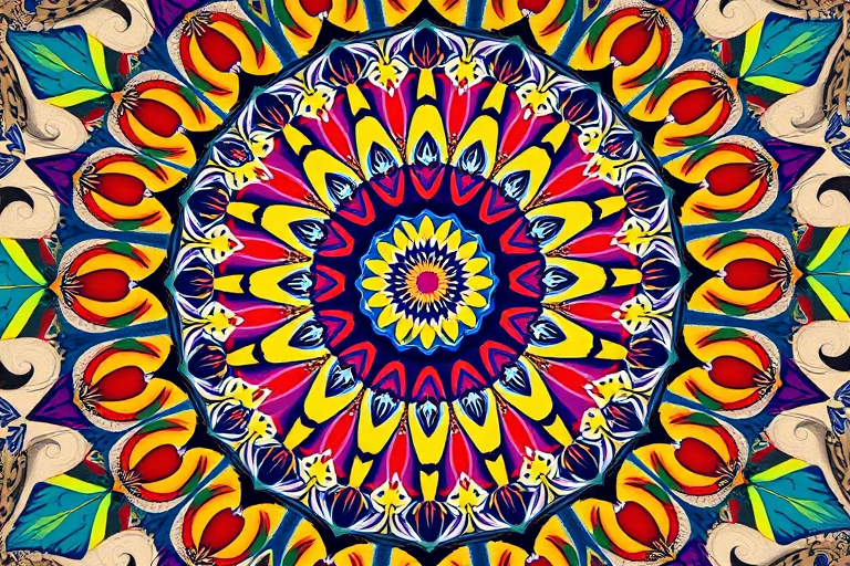 Create a high-resolution symmetrical mandala design featuring vibrant colors and intricate patterns, using a Canon EOS R5 with a 50mm f/1.2 lens, aperture set at f/8, ISO 100, and a shallow depth of field, capturing a top-down view with natural lighting for enhanced clarity and detail.