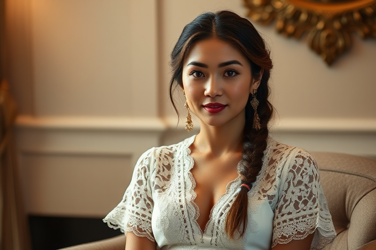Create a portrait of a refined and elegant Mongolian woman seated in a sophisticated setting. She has long, wavy hair styled in two thick braids that are pulled over her shoulders. She wears a white, lace gown with intricate patterns, featuring a deep V-neckline and short sleeves. The dress exudes a vintage charm with its delicate lacework. She is adorned with ornate, dangling earrings that add a touch of glamour to her appearance. The background is softly lit, with warm, ambient lighting that creates a cozy and inviting atmosphere. Her expression is poised and serene, capturing a sense of grace and elegance.