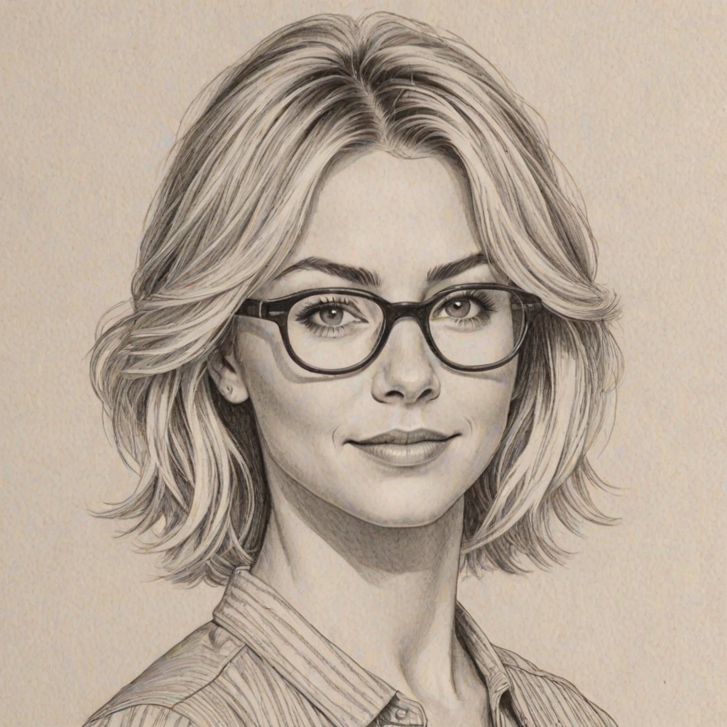 Fetching Julianne Hough, pencil sketch, portrait of Delightful woman 1973s in glasses, hair style beatnik, outline, clear lines, fine lines, 8k